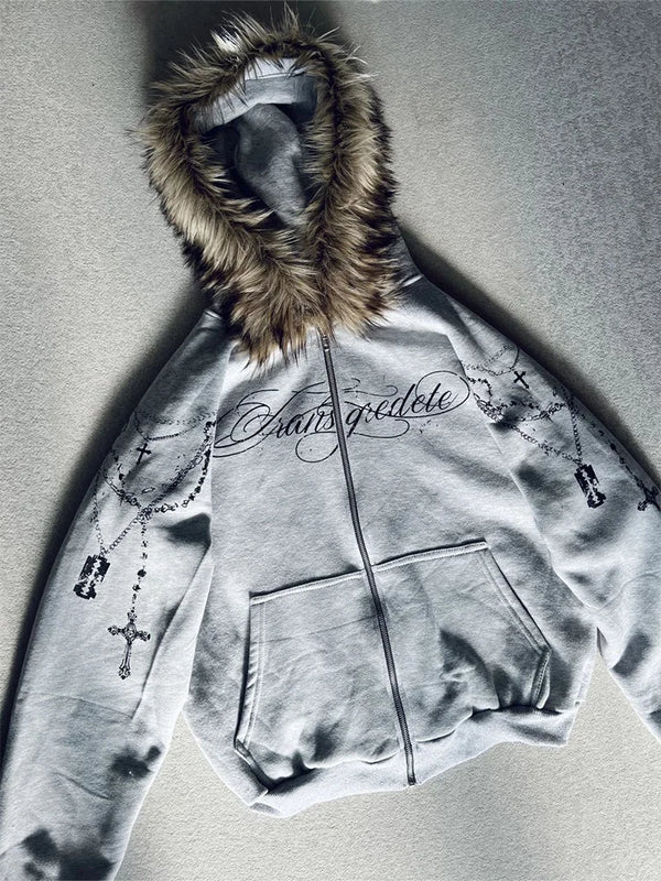 Trendy Gothic Faux Fur Hooded Jacket