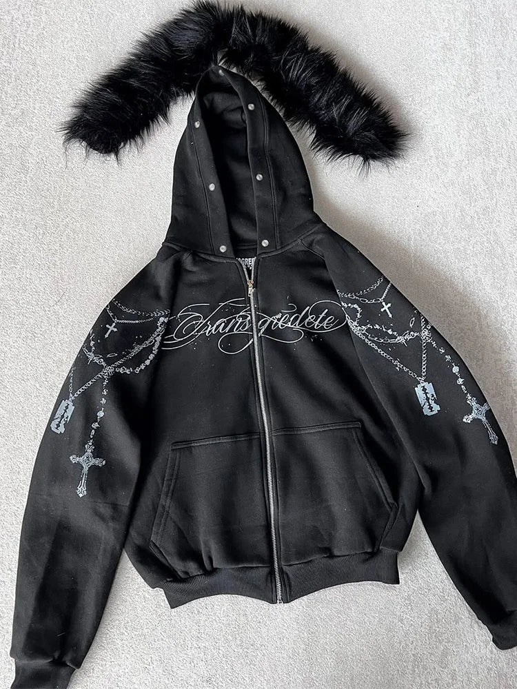 Trendy Gothic Faux Fur Hooded Jacket